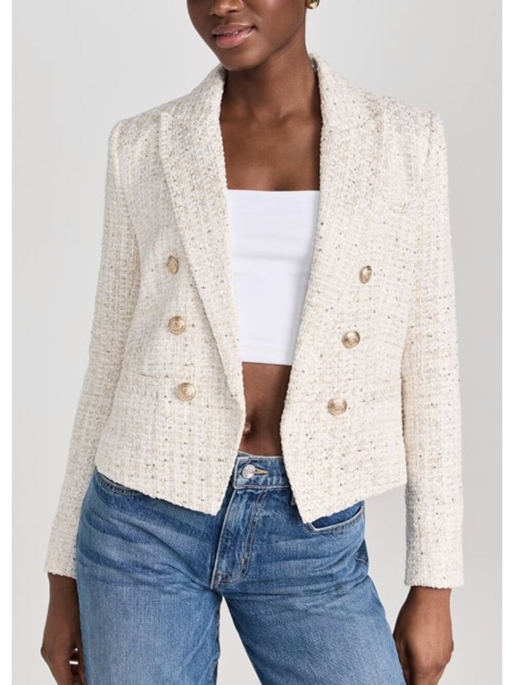 NWT L'AGENCE Brooke Open Front Tweed Blazer Ivory Light Gold Size 4